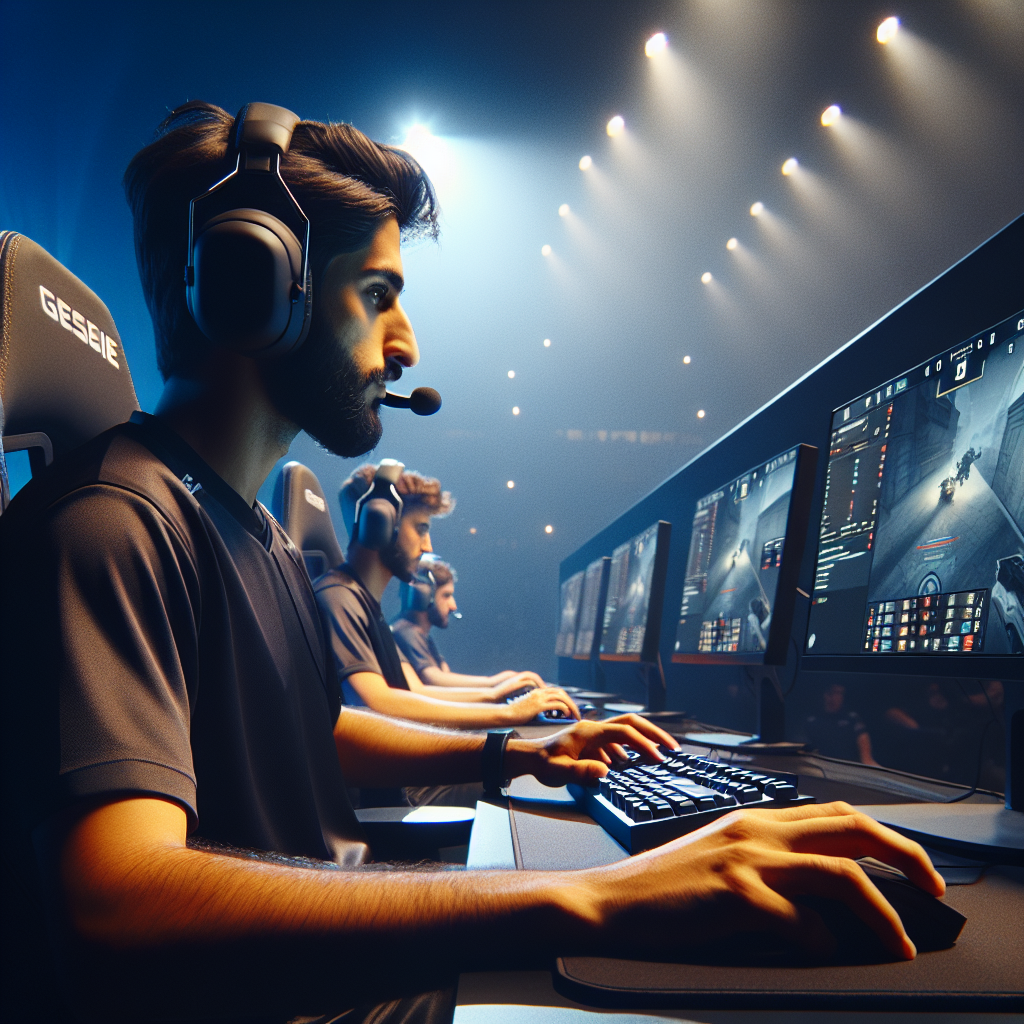 Jugador IGL abrumado en freeze time, equipo en silencio, luces de escenario.