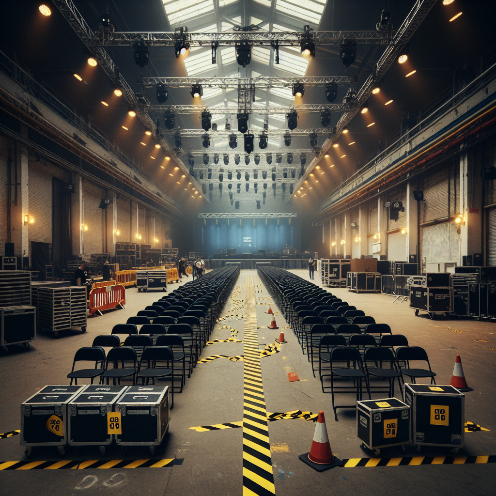 FISSURE canceled events depicted by empty venue, stacked chairs, logistical equipment, refunds